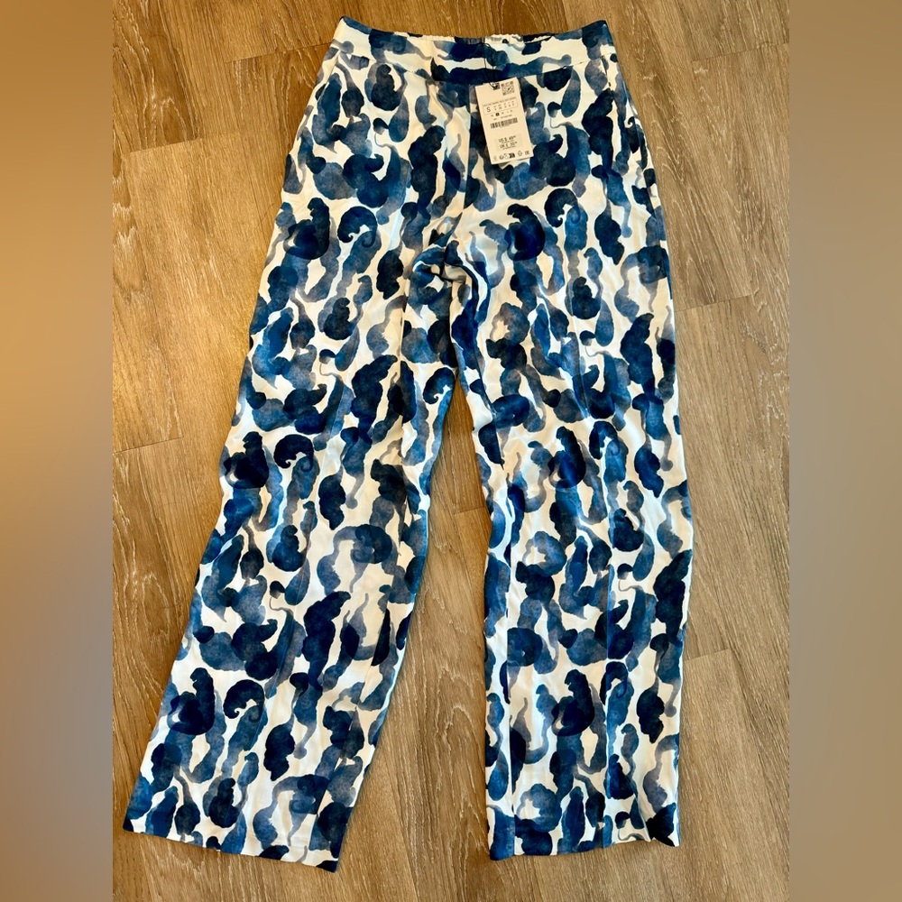 Zara blue and white silk printed pants